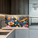 Sinek Kuşu ve Çiçekler Temalı Vitray Görünümlü Temperli Cam Tablo – Renkli Doğa Duvar Dekoru