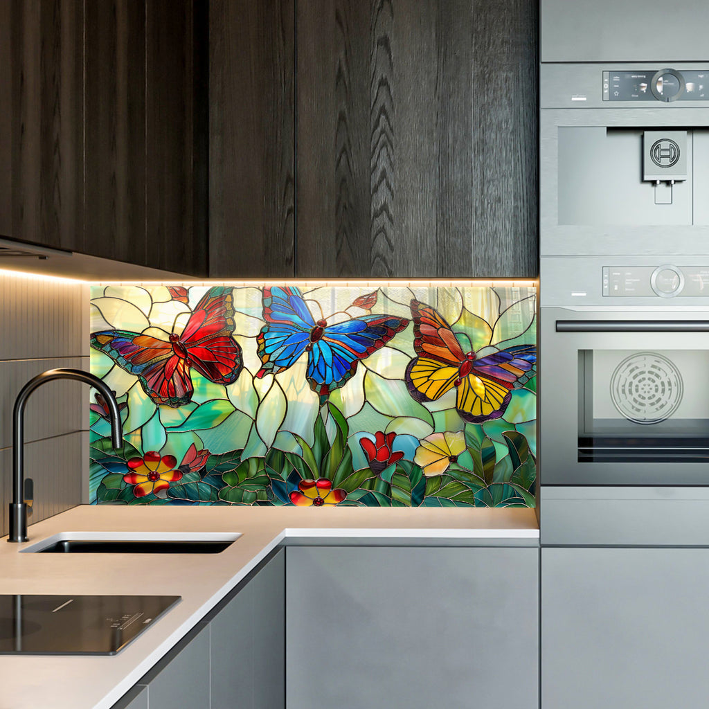 Kelebek Temalı Vitray Görünümlü Temperli Cam Tablo – Renkli Doğa Duvar Dekoru