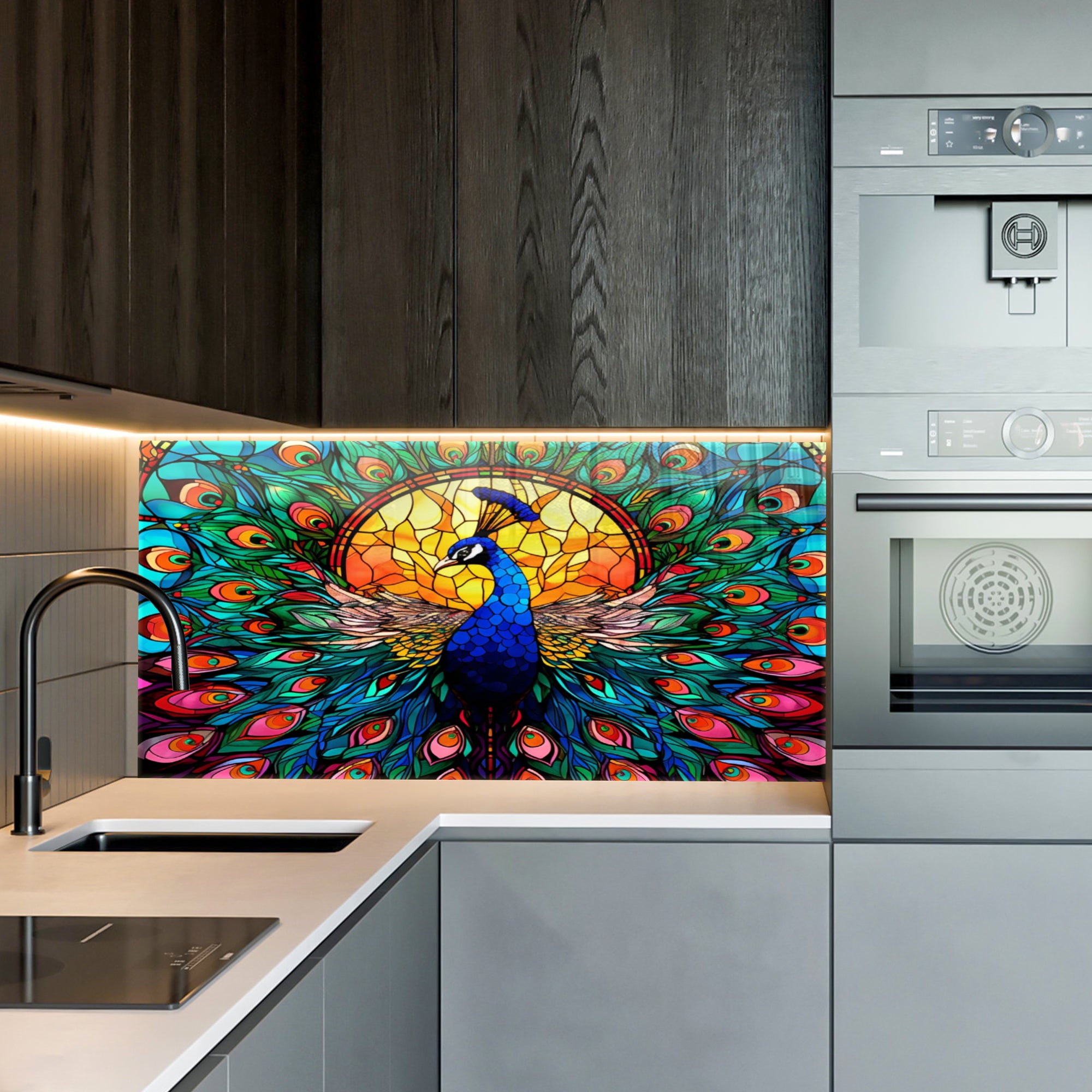 Tavuz Kuşu Temalı Vitray Görünümlü Temperli Cam Tablo – Renkli Doğa Duvar Dekoru