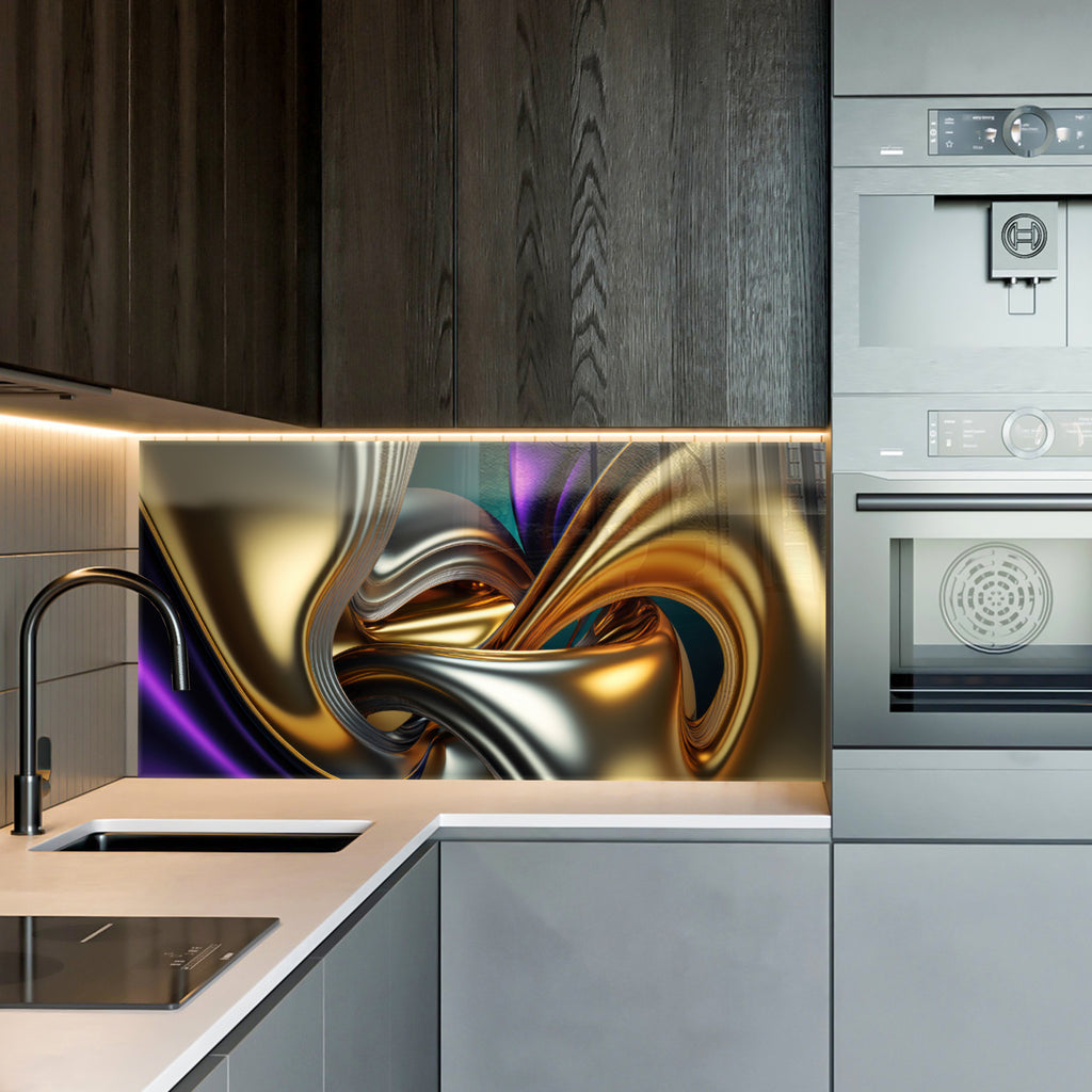 Gold &amp; Purple Abstract Glass Wall Art – Luxury Metallic Fluid Design on Tempered Glass