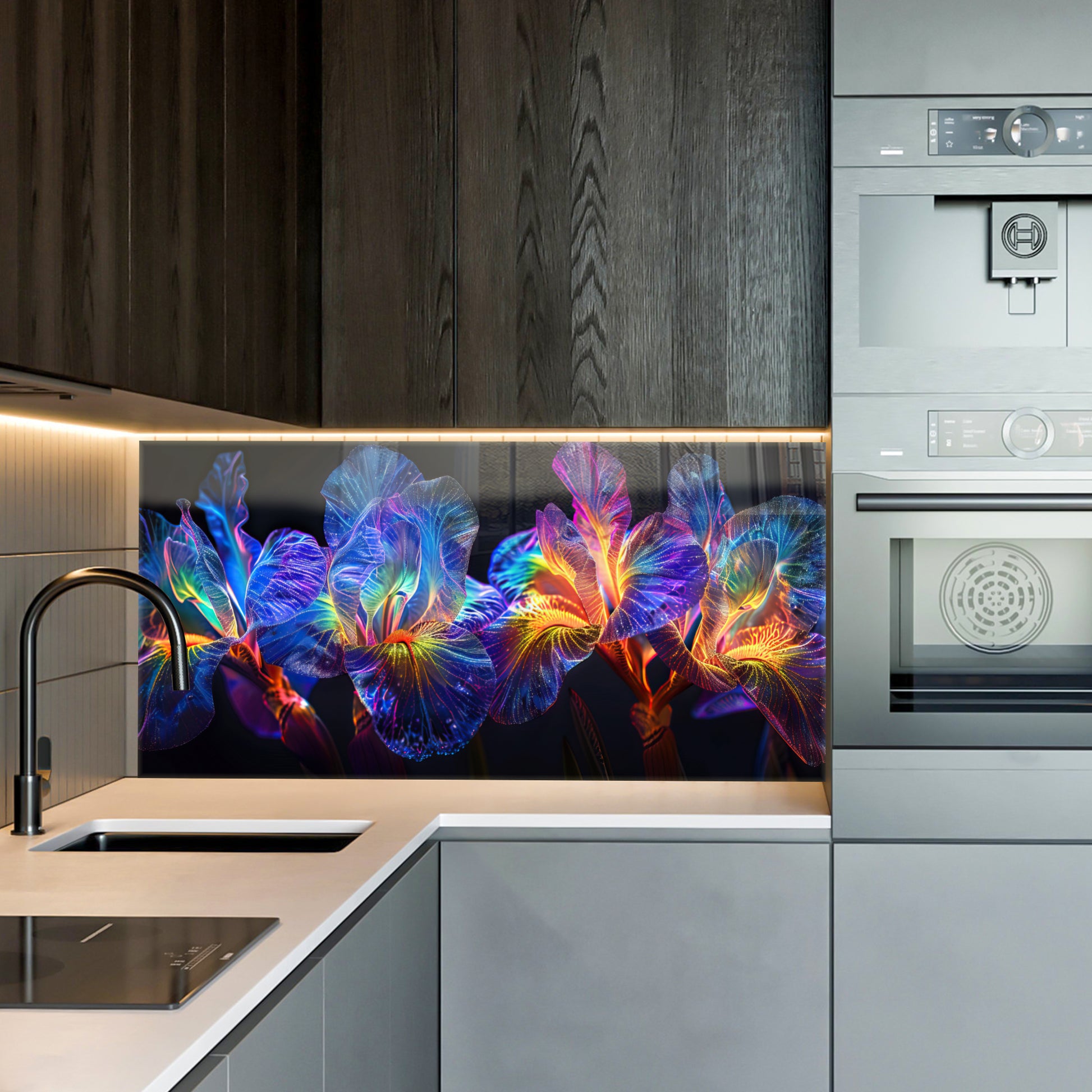 Rainbow Neon Iris Glass Wall Art – Glowing Colorful Floral Design on Tempered Glass