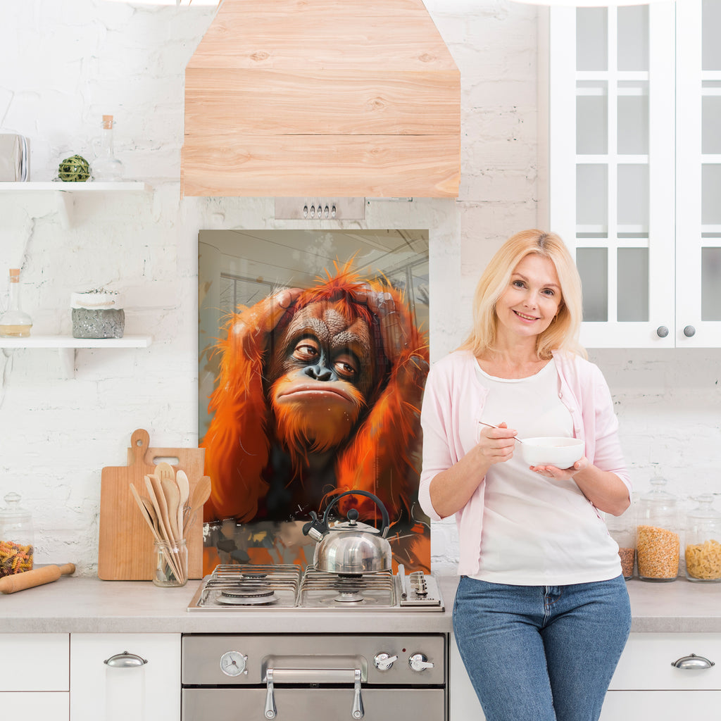 Turuncu Orangutan Temalı Temperli Cam Tablo – Modern Sanat & Mizahi Dekor