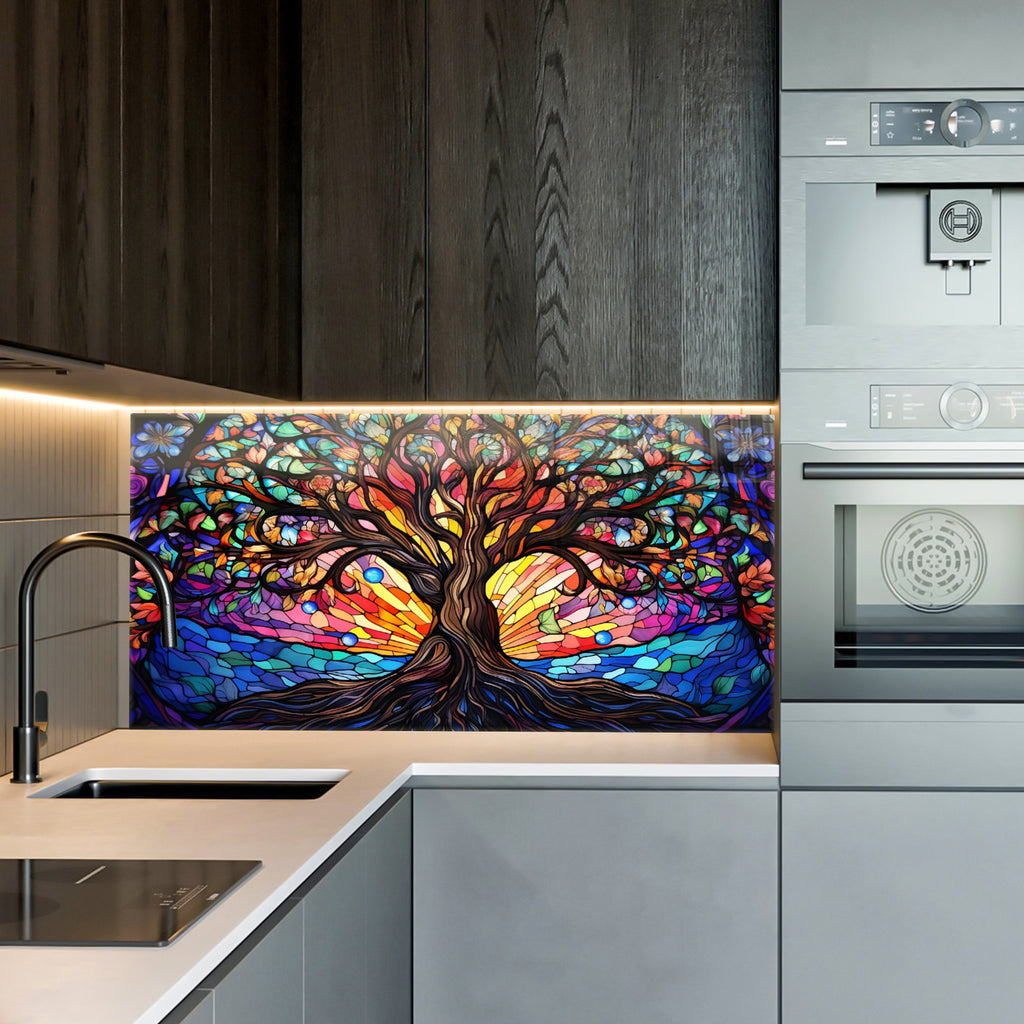 Ağaç Temalı Vitray Görünümlü Temperli Cam Tablo – Renkli Doğa Duvar Dekoru