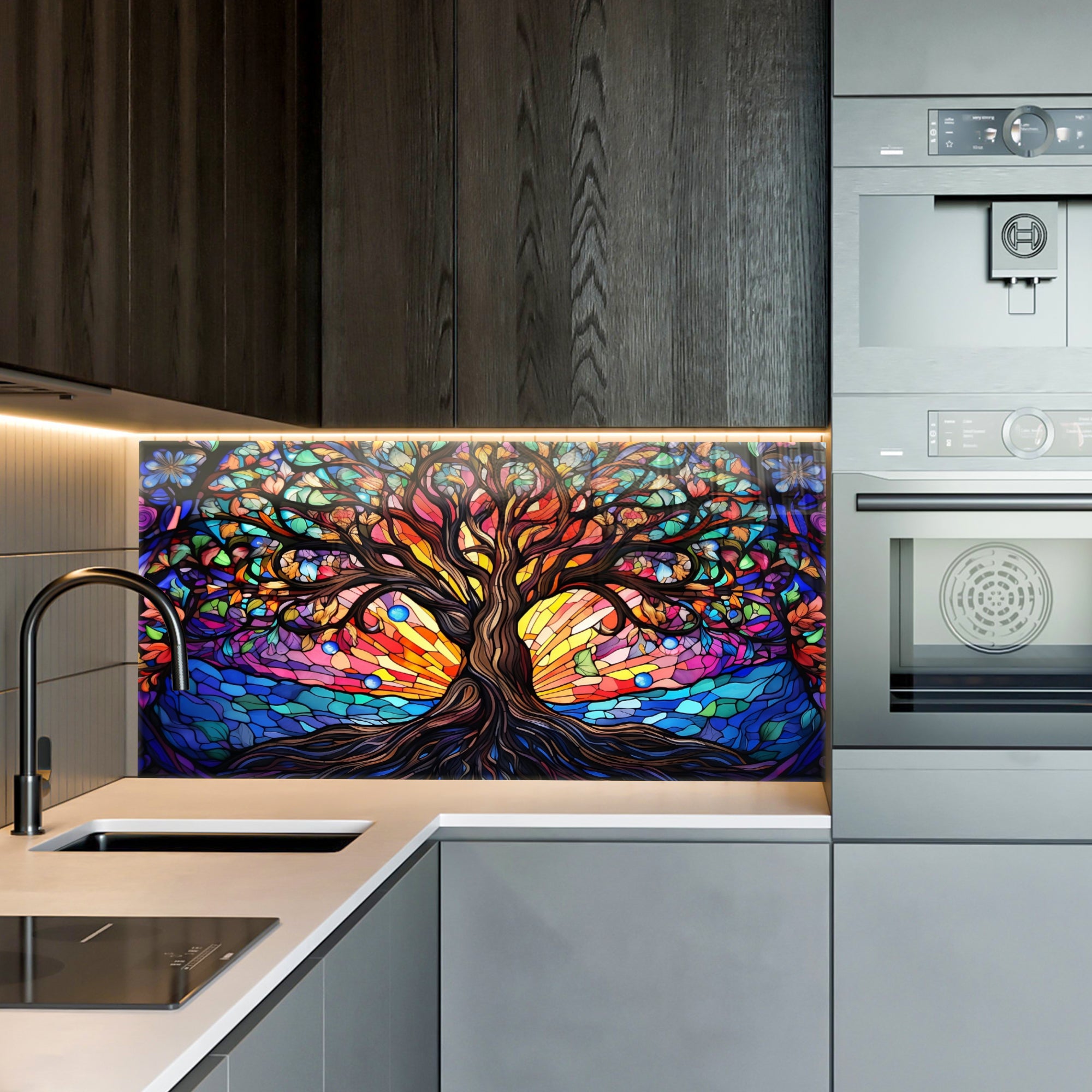 Ağaç Temalı Vitray Görünümlü Temperli Cam Tablo – Renkli Doğa Duvar Dekoru