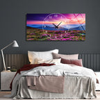 Manzara Temalı Temperli Cam Duvar Saati – Altın Detaylı Modern Tasarım, Büyük Boy Duvar Dekoru