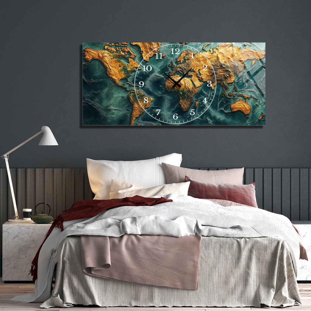 World Map Themed Tempered Glass Wall Clock – Modern Design with Gold Details, Large Wall Decor