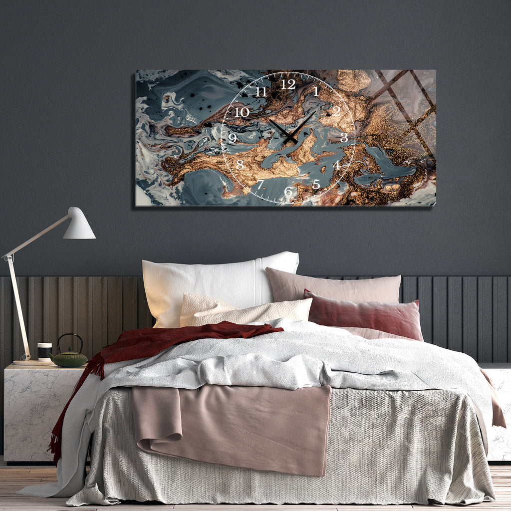 Soyut Temalı Temperli Cam Duvar Saati – Altın Detaylı Modern Tasarım, Büyük Boy Duvar Dekoru