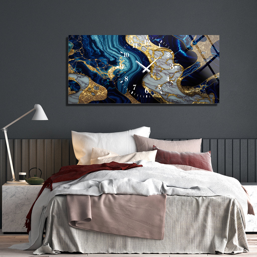 Soyut Temalı Temperli Cam Duvar Saati – Altın Detaylı Modern Tasarım, Büyük Boy Duvar Dekoru (Kopya)