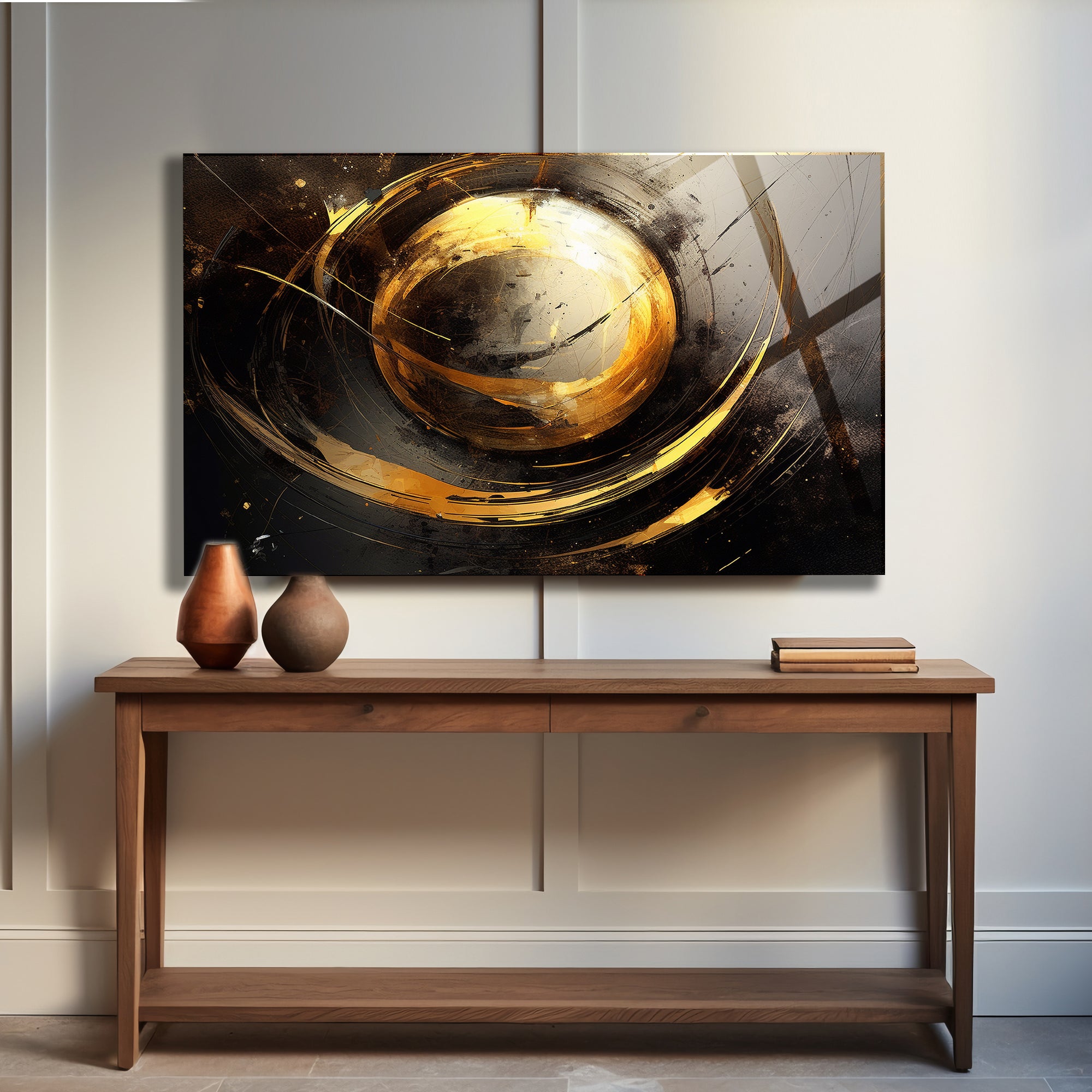 Temperli Cam Duvar Tablosu  Gold Soyut