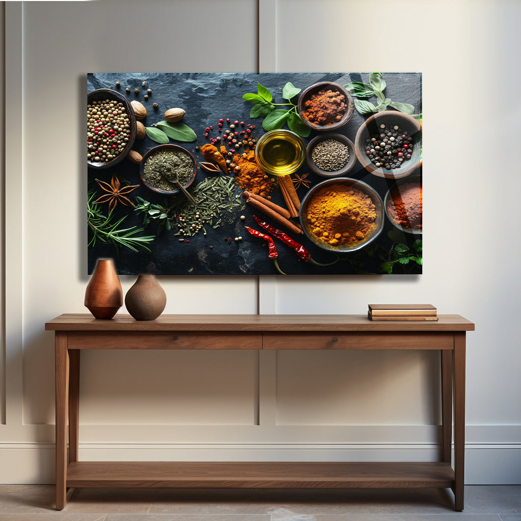 Temperli Cam Duvar Tablosu  Renkli Baharatlar Soyut