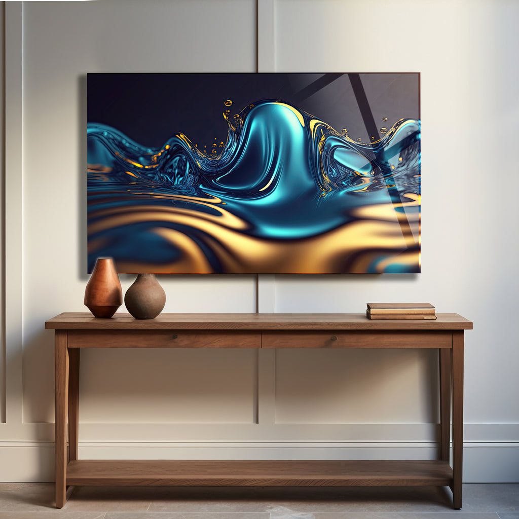 Temperli Cam Duvar Tablosu  Soyut Metalik