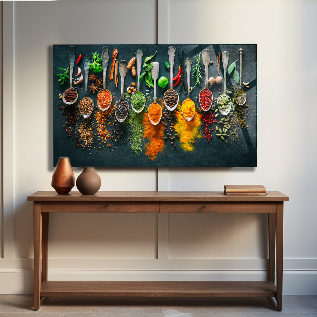 Temperli Cam Duvar Tablosu  Soyut Renkli Baharatlar