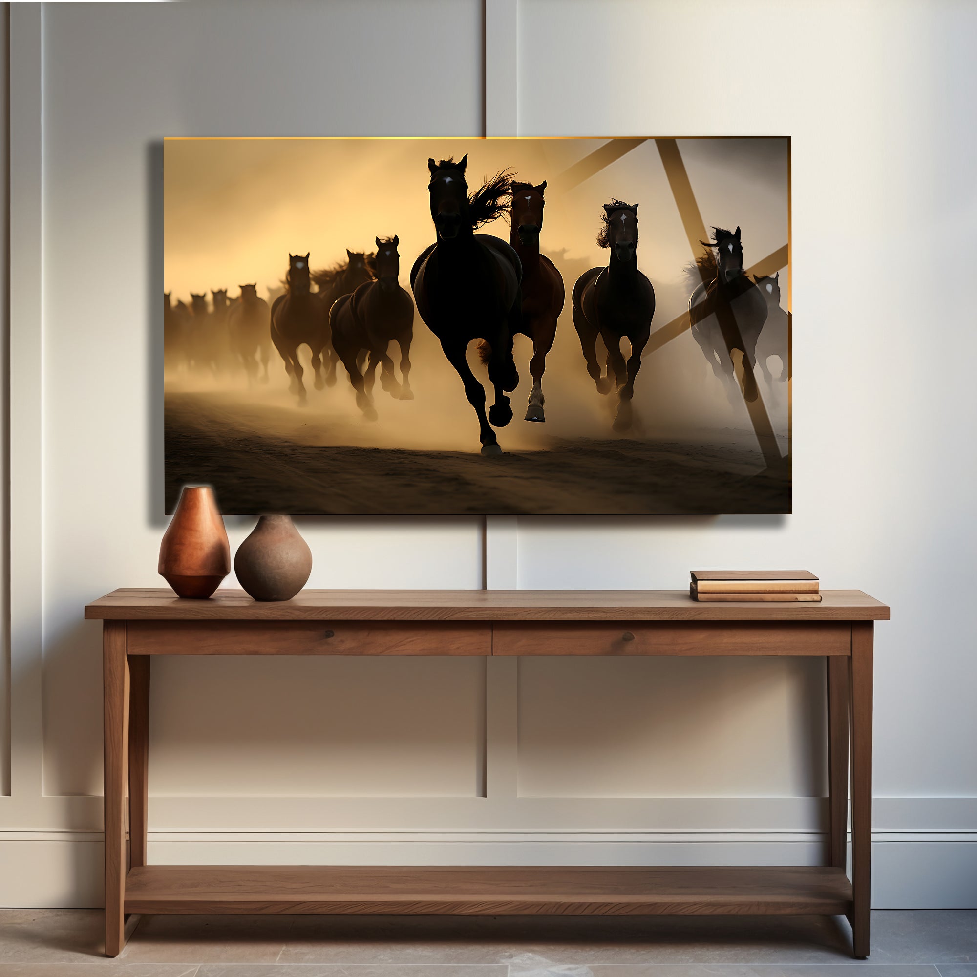 Temperli Cam Duvar Tablosu  Koşan Atlar