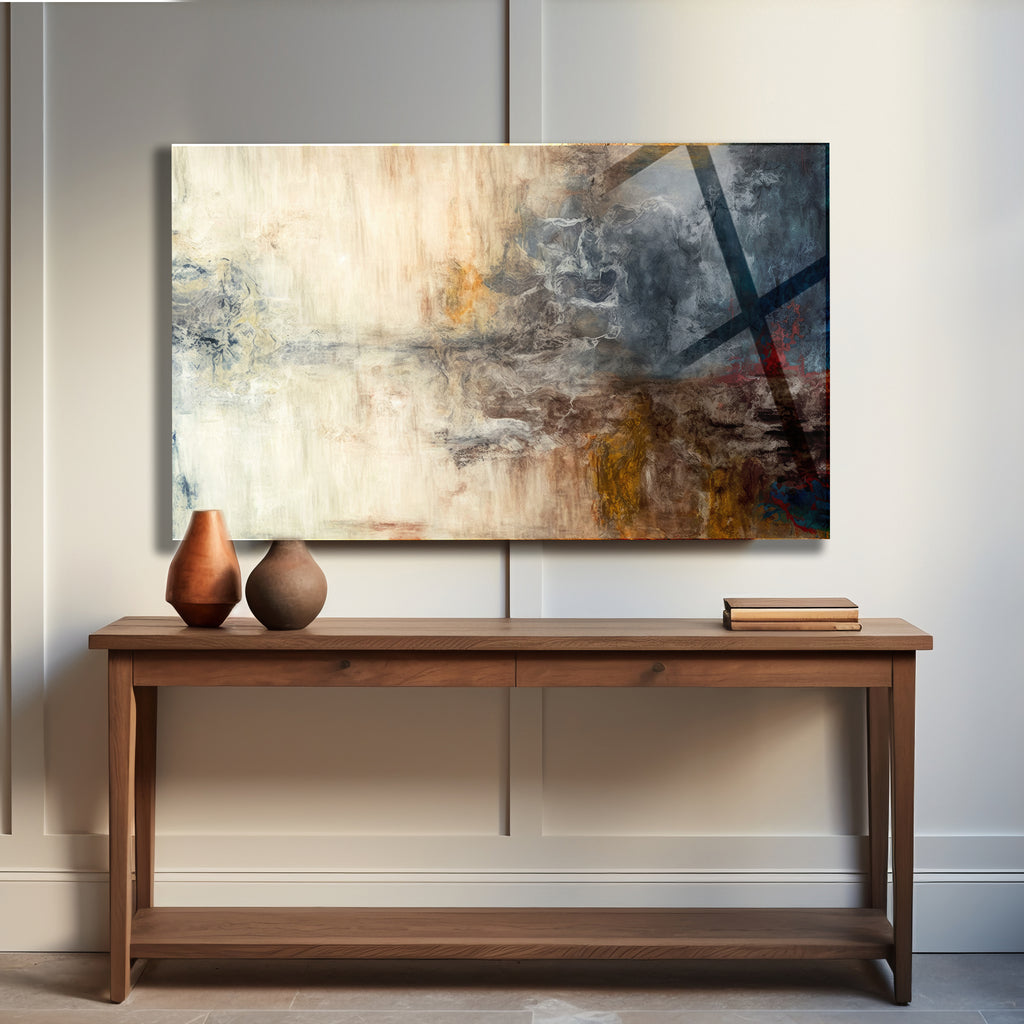 Temperli Cam Duvar Tablosu  Soyut Wabi Sabi