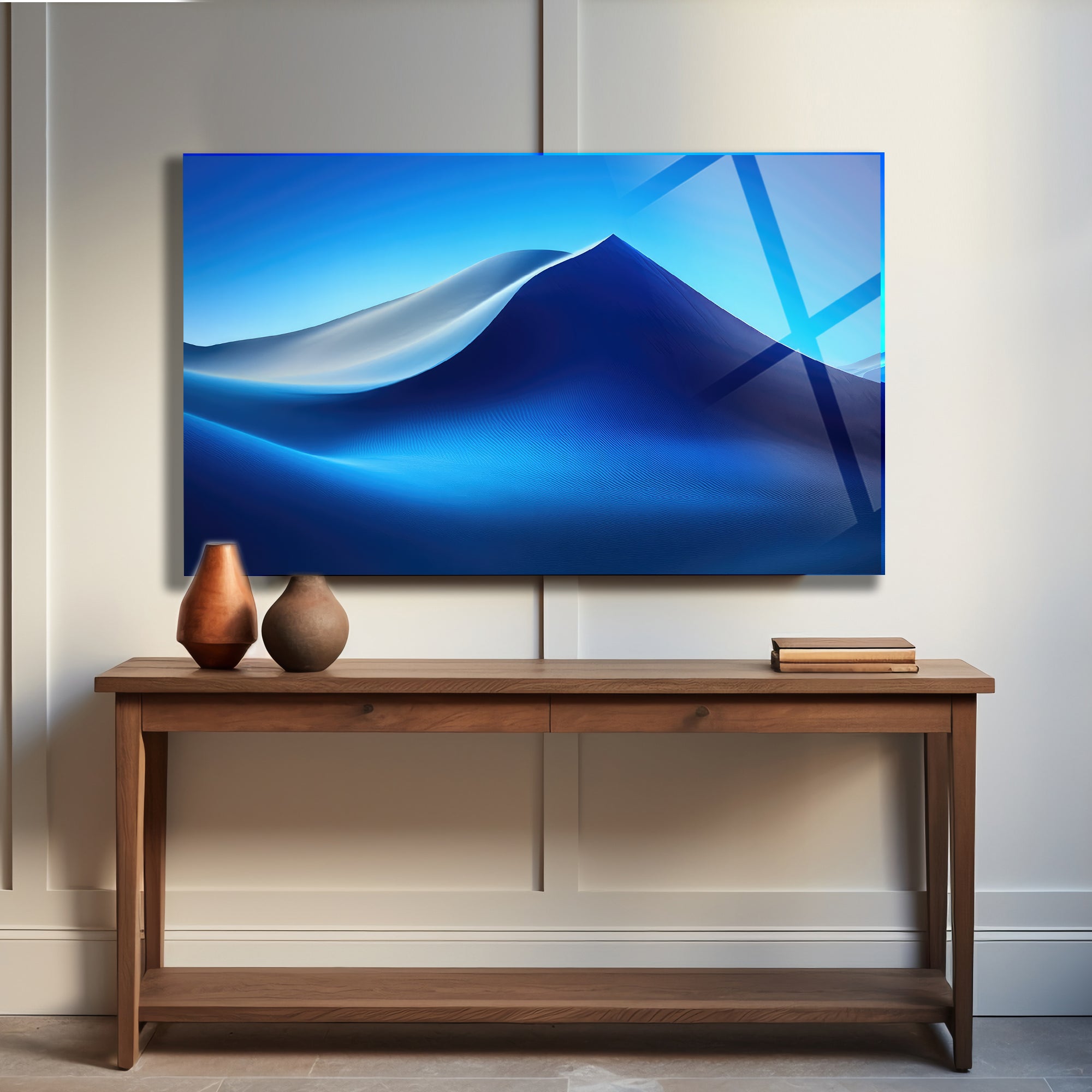 Temperli Cam Duvar Tablosu  Soyut Mavi Dalgalar