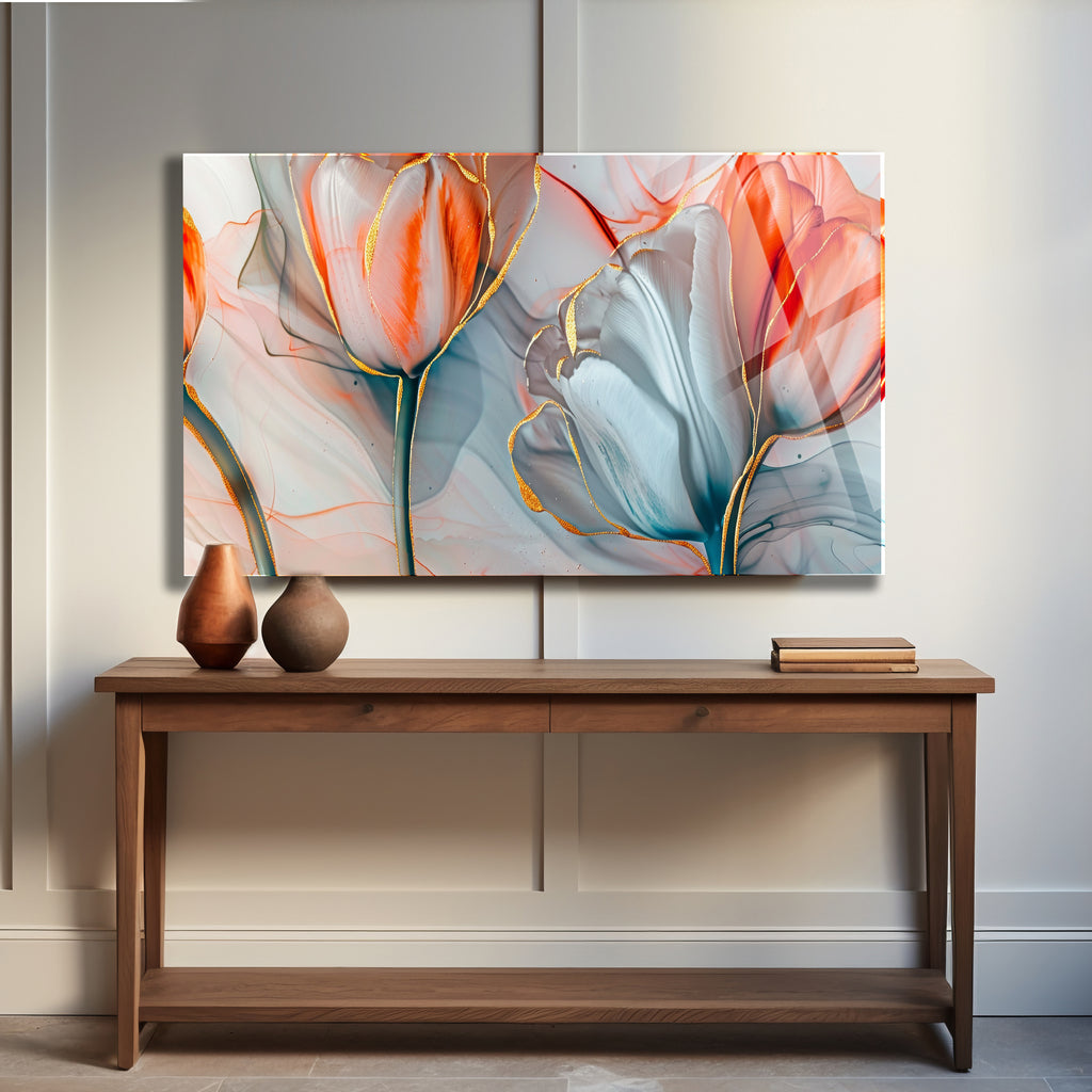 Temperli Cam Duvar Tablosu  Pembe Laleler