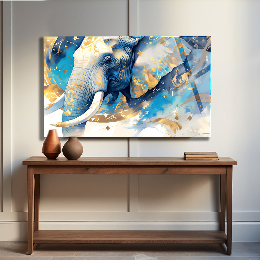 Temperli Cam Duvar Tablosu  Mavi Altın Fil