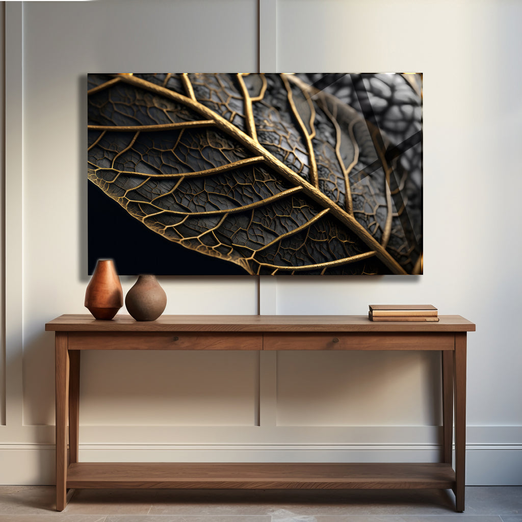 Temperli Cam Duvar Tablosu  Altın Damarlı Yaprak