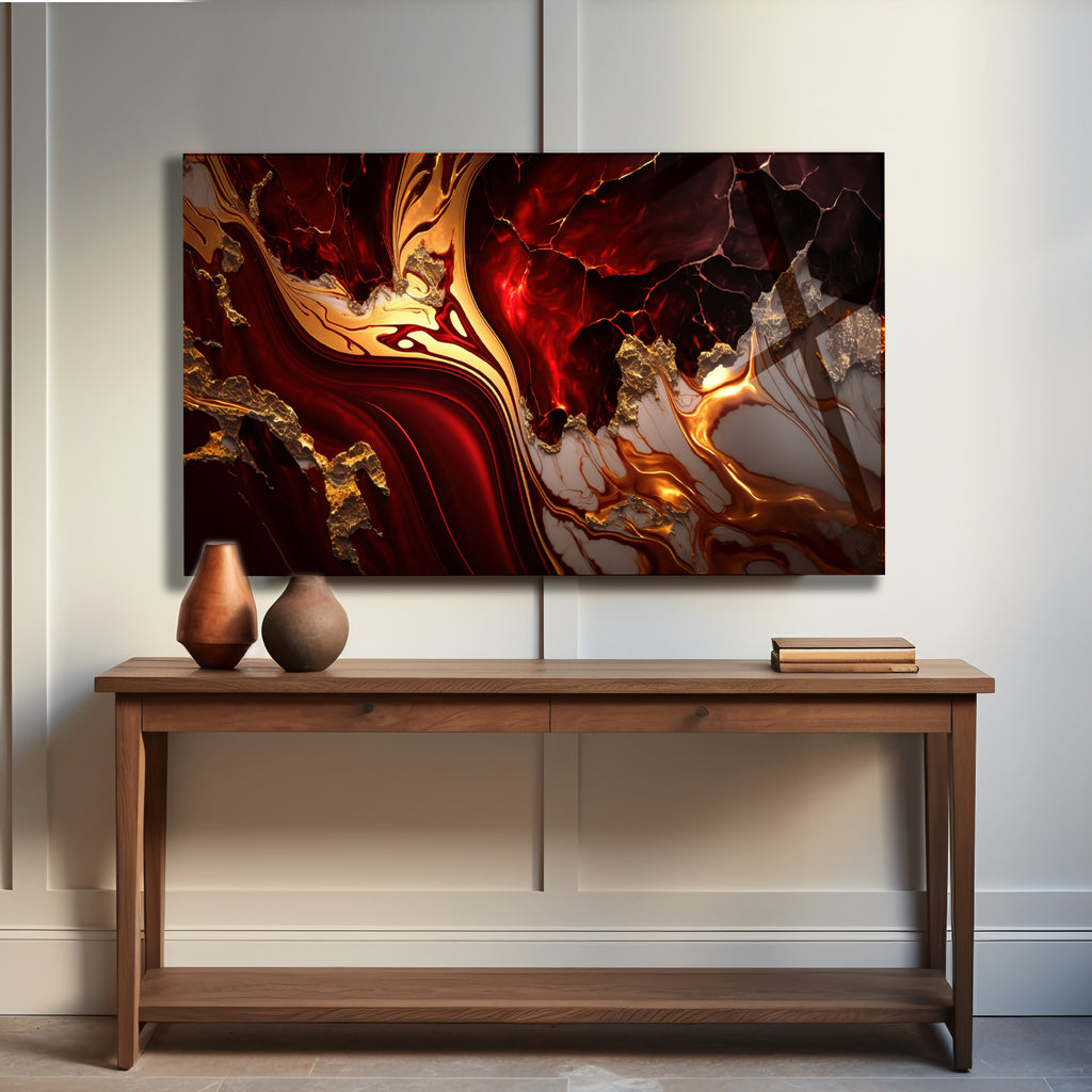 Temperli Cam Duvar Tablosu  Kırmızı Altınlı Mermer