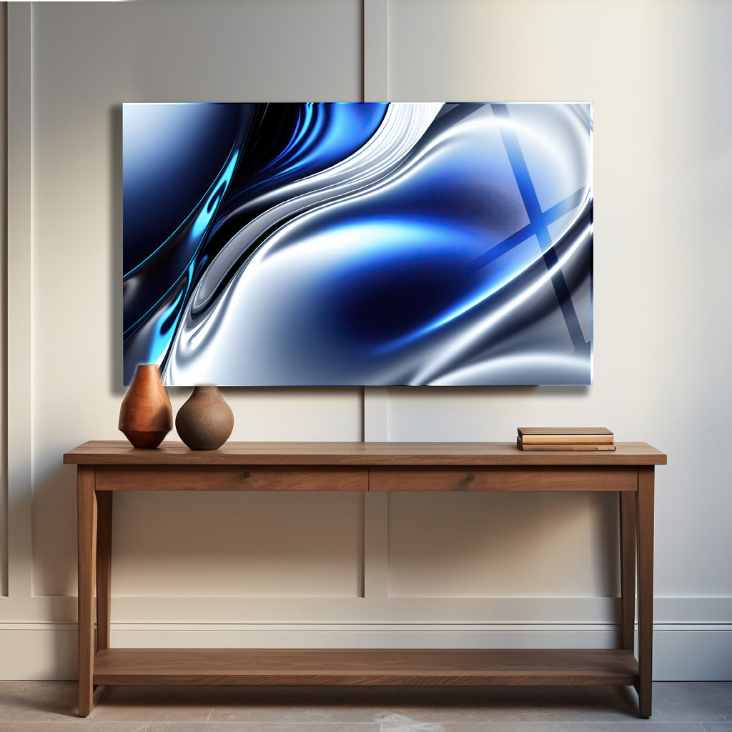 Temperli Cam Duvar Tablosu  Mavi Soyut