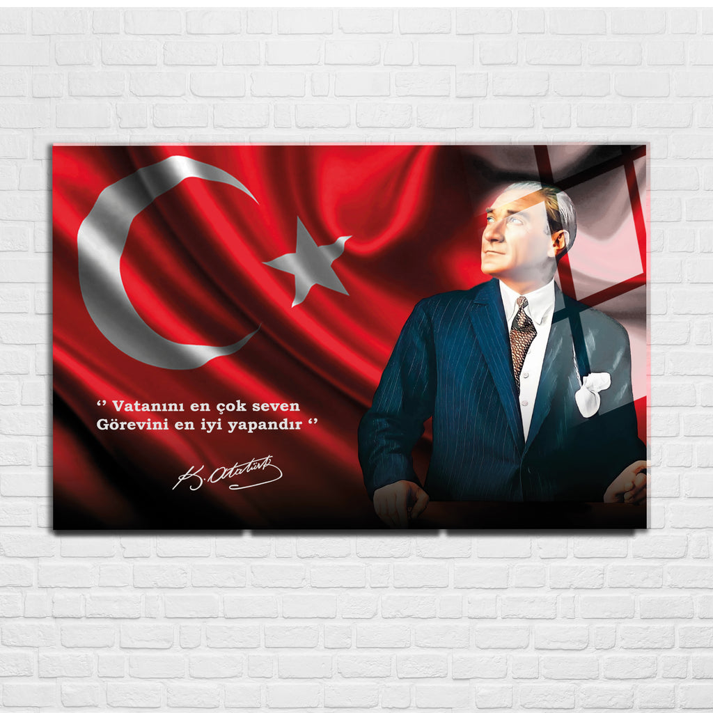 Atatürk Temalı Temperli Cam Duvar Tablosu – Premium UV Baskı, Modern & Şık Dekor