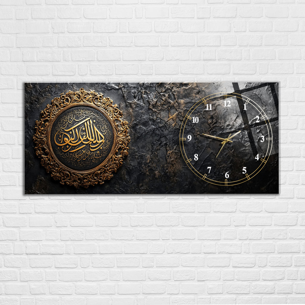 Temperli Cam İslami Duvar Saati – Bismillahirrahmânirrahîm Hat Sanatı, Siyah Mermer Üzeri Altın Tasarım