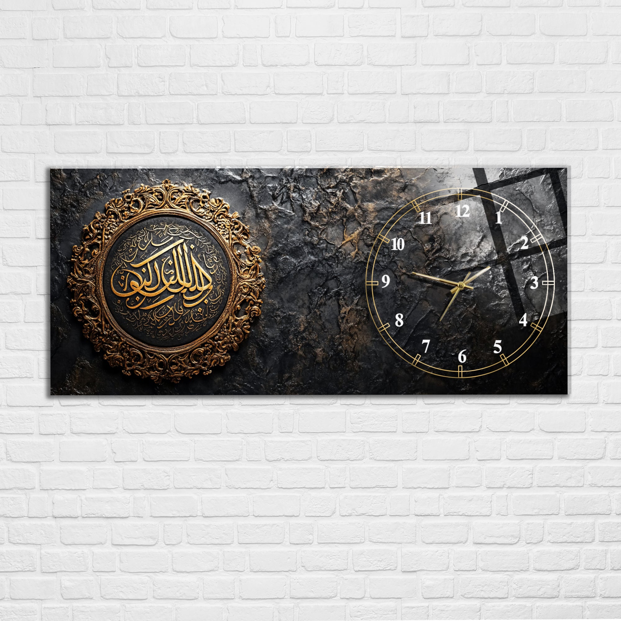 Temperli Cam İslami Duvar Saati – Bismillahirrahmânirrahîm Hat Sanatı, Siyah Mermer Üzeri Altın Tasarım