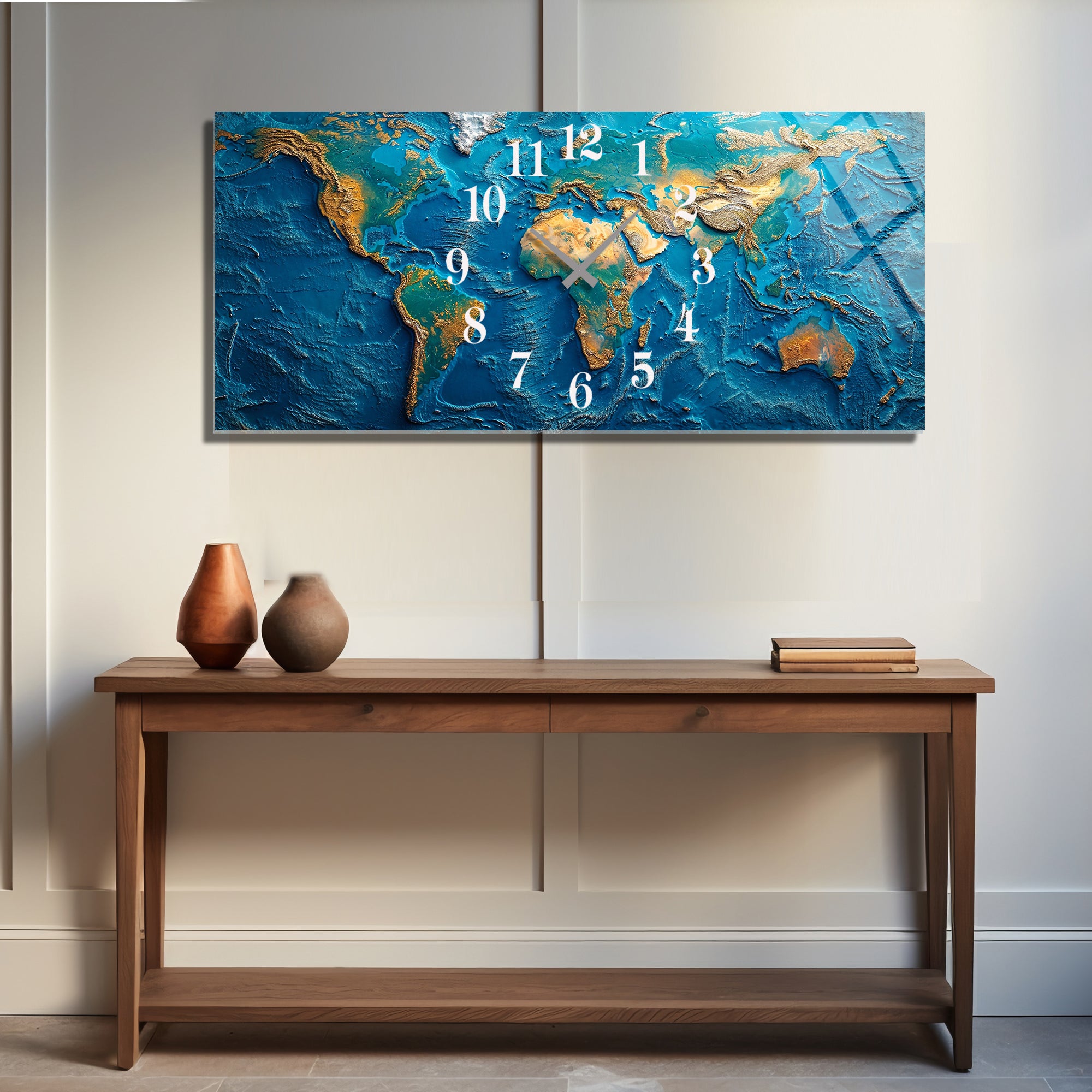 Dünya Haritası Temalı Temperli Cam Duvar Saati – Altın Detaylı Modern Tasarım, Büyük Boy Duvar Dekoru (Kopya)