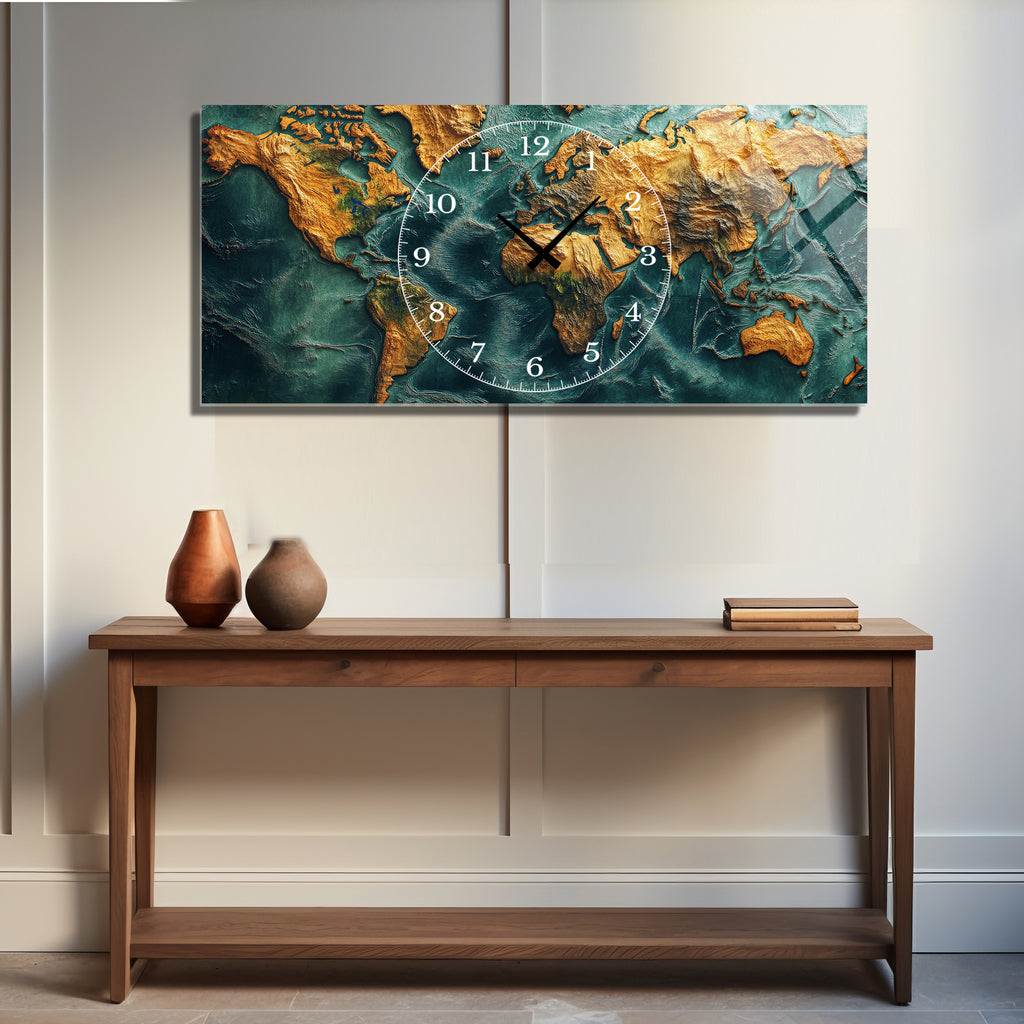 World Map Themed Tempered Glass Wall Clock – Modern Design with Gold Details, Large Wall Decor