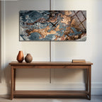 Soyut Temalı Temperli Cam Duvar Saati – Altın Detaylı Modern Tasarım, Büyük Boy Duvar Dekoru