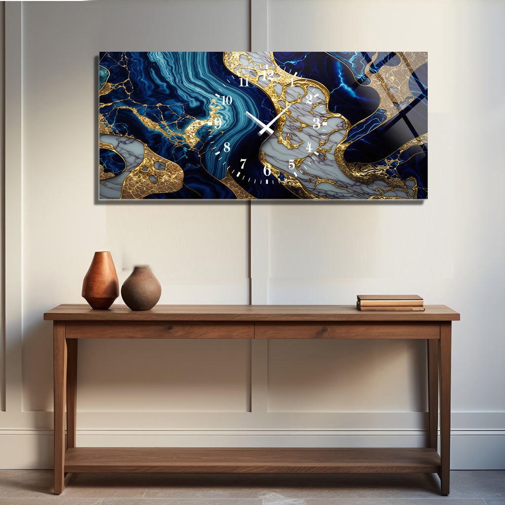 Soyut Temalı Temperli Cam Duvar Saati – Altın Detaylı Modern Tasarım, Büyük Boy Duvar Dekoru (Kopya)