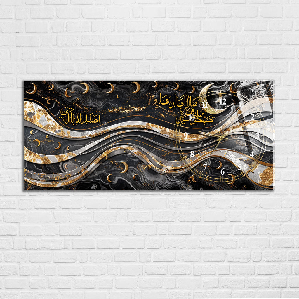 Temperli Cam İslami Duvar Saati – İnne Me’al Usri Yusrâ Ayeti, Siyah Gold Dalgalı Mermer Tasarım