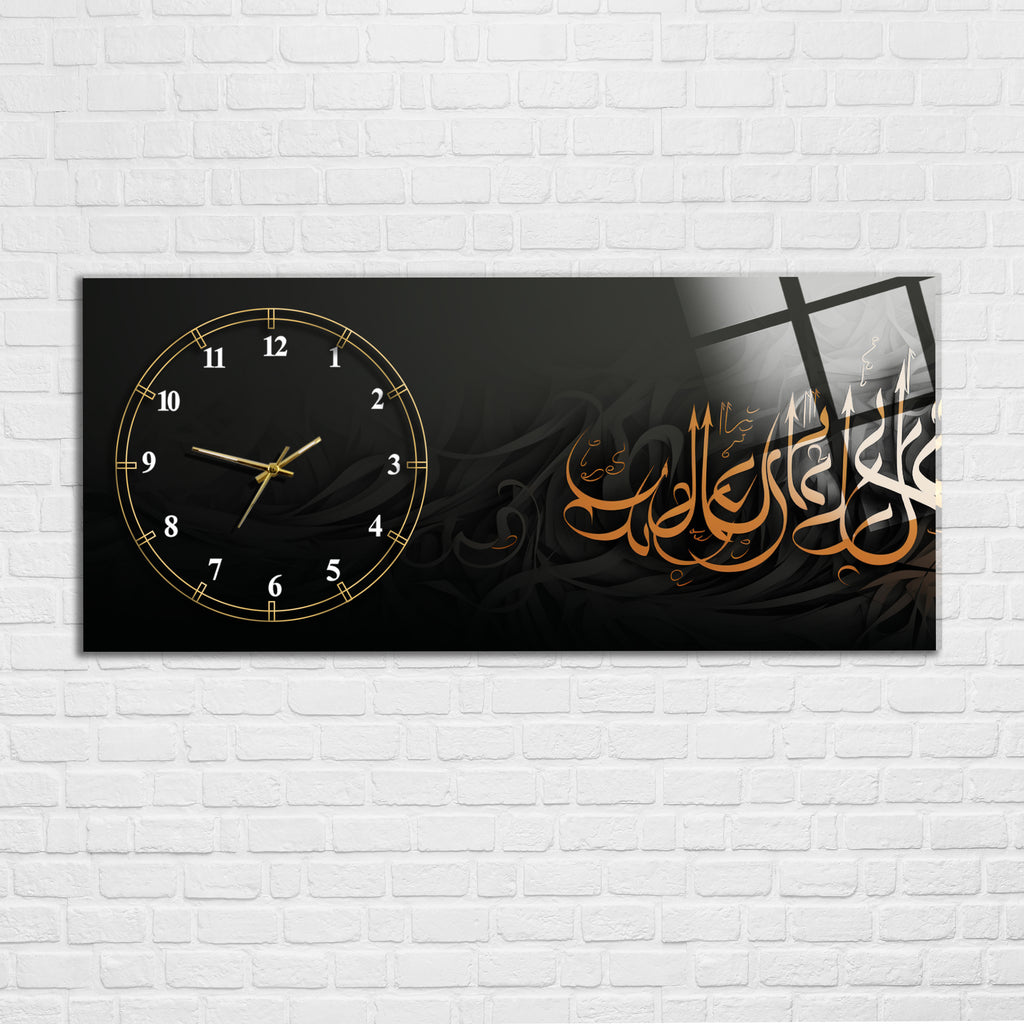 Temperli Cam İslami Duvar Saati – Kullu men ‘aleyhâ fân Hat Sanatı, Siyah Gold Modern Tasarım