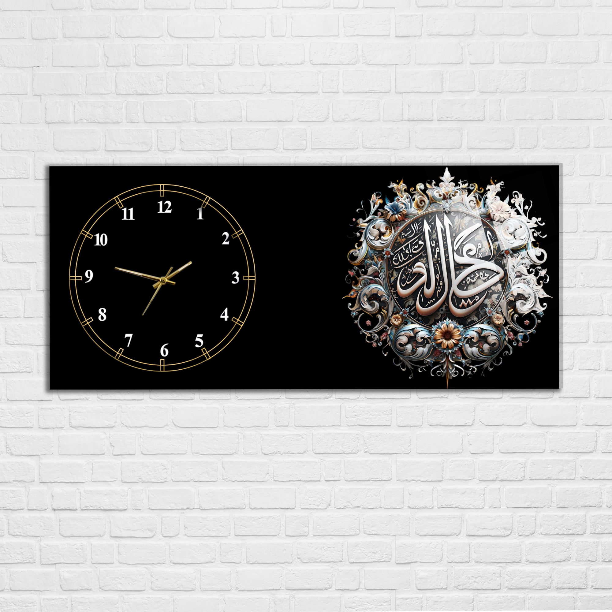 Temperli Cam İslami Duvar Saati – Kefâ Billâhi Şehîdâ Yazılı Hat Tasarımı