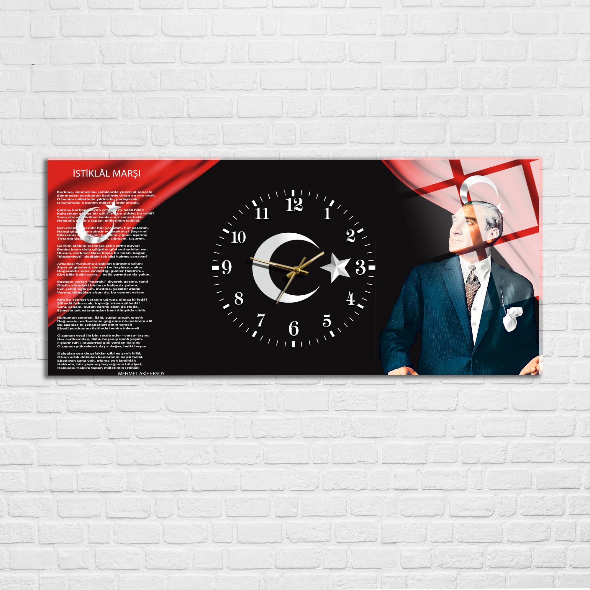 Temperli Cam Saat –Atatürk Portresi  Tasarım, Premium UV Baskı Duvar Saati