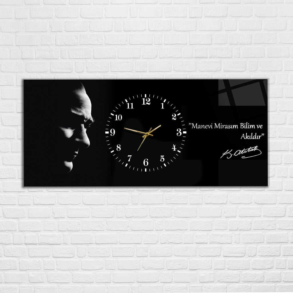 Temperli Cam Saat –Atatürk Portresi  Tasarım, Premium UV Baskı Duvar Saati