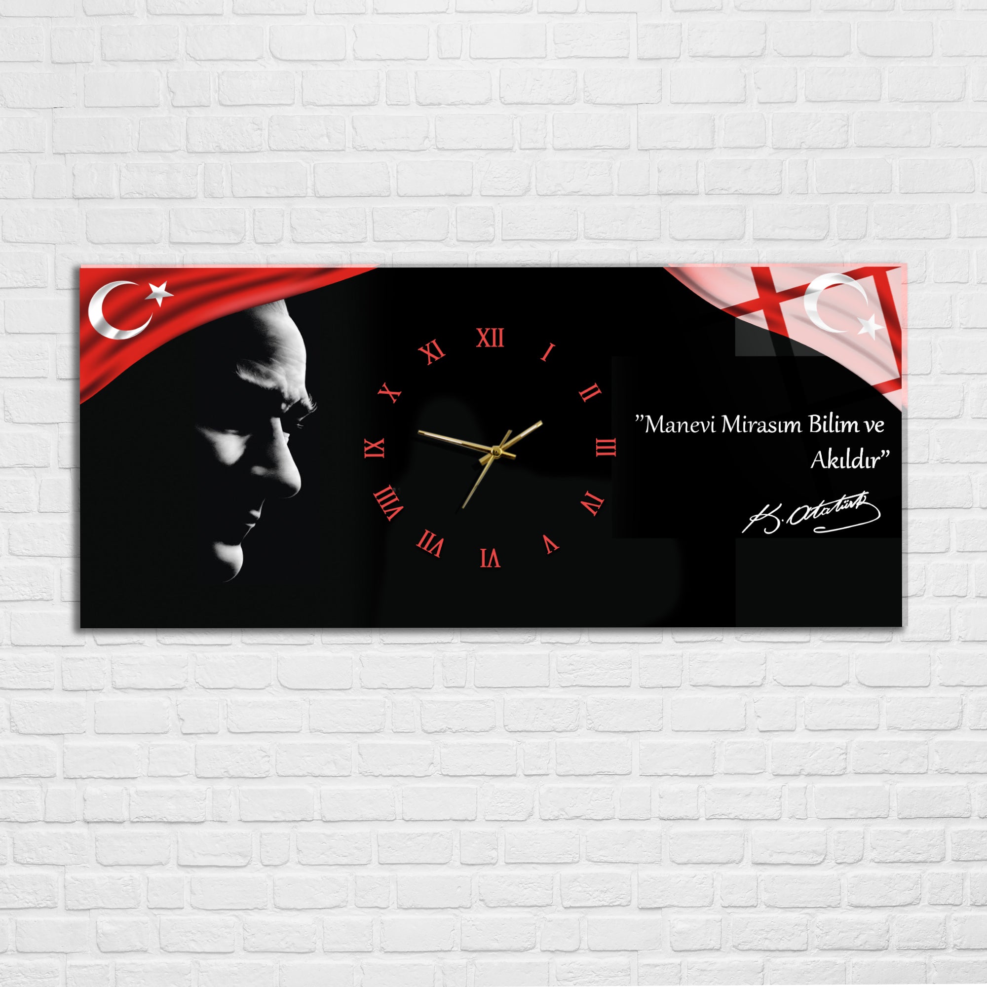 Temperli Cam Saat –Atatürk Portresi  Tasarım, Premium UV Baskı Duvar Saatİ