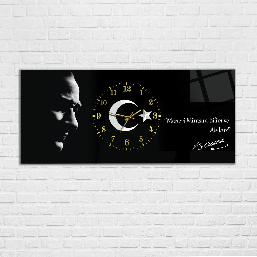 Temperli Cam Saat –Atatürk Portresi  Tasarım, Premium UV Baskı Duvar Saati