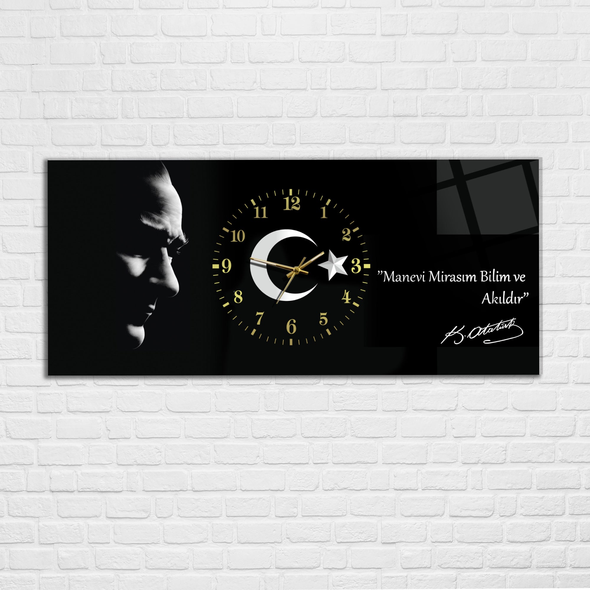 Temperli Cam Saat –Atatürk Portresi  Tasarım, Premium UV Baskı Duvar Saati