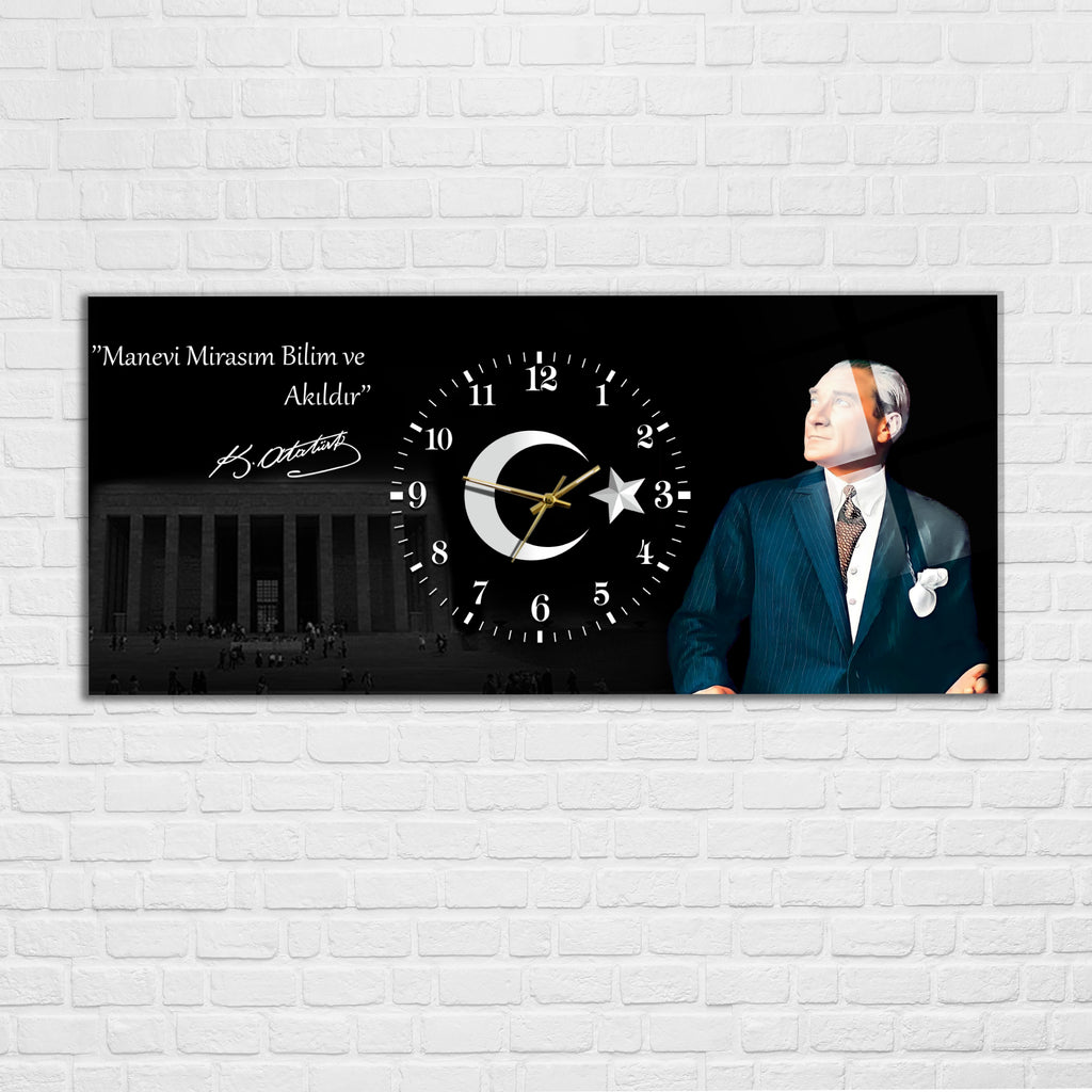 Temperli Cam Saat –Atatürk Portresi  Tasarım, Premium UV Baskı Duvar Saati