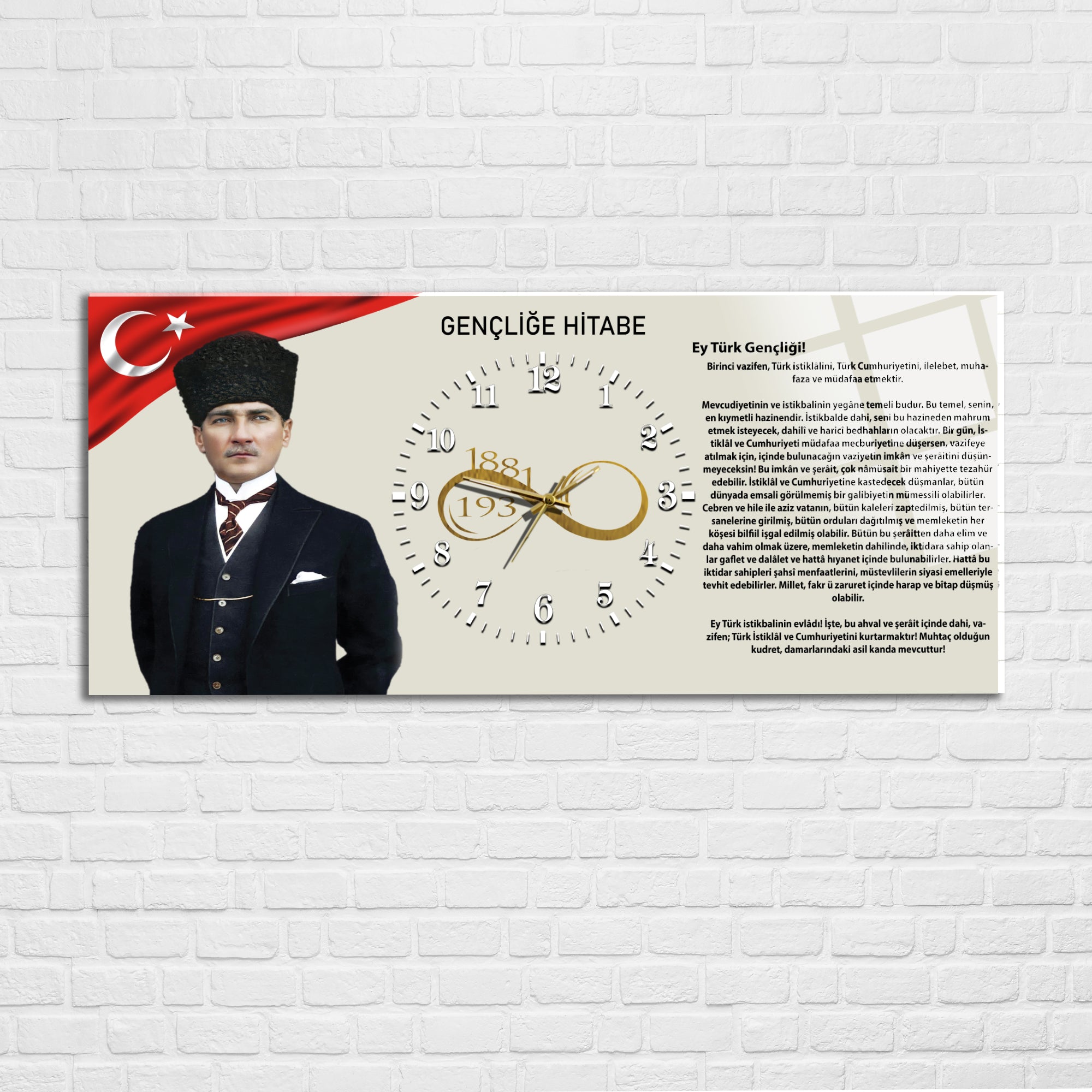 Temperli Cam Saat –Atatürk Portresi  Tasarım, Premium UV Baskı Duvar Saati
