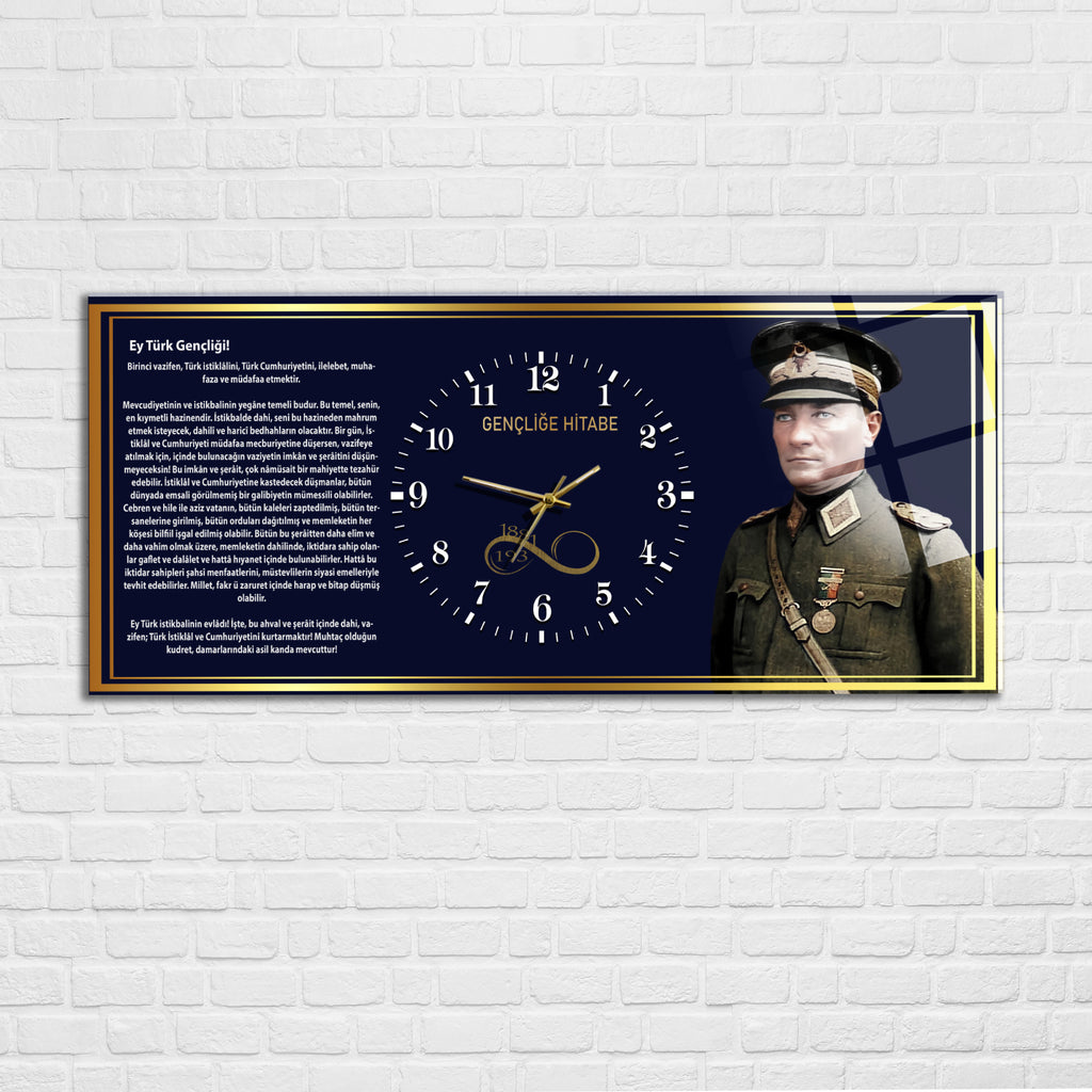 Temperli Cam Saat –Atatürk Portresi  Tasarım, Premium UV Baskı Duvar Saati