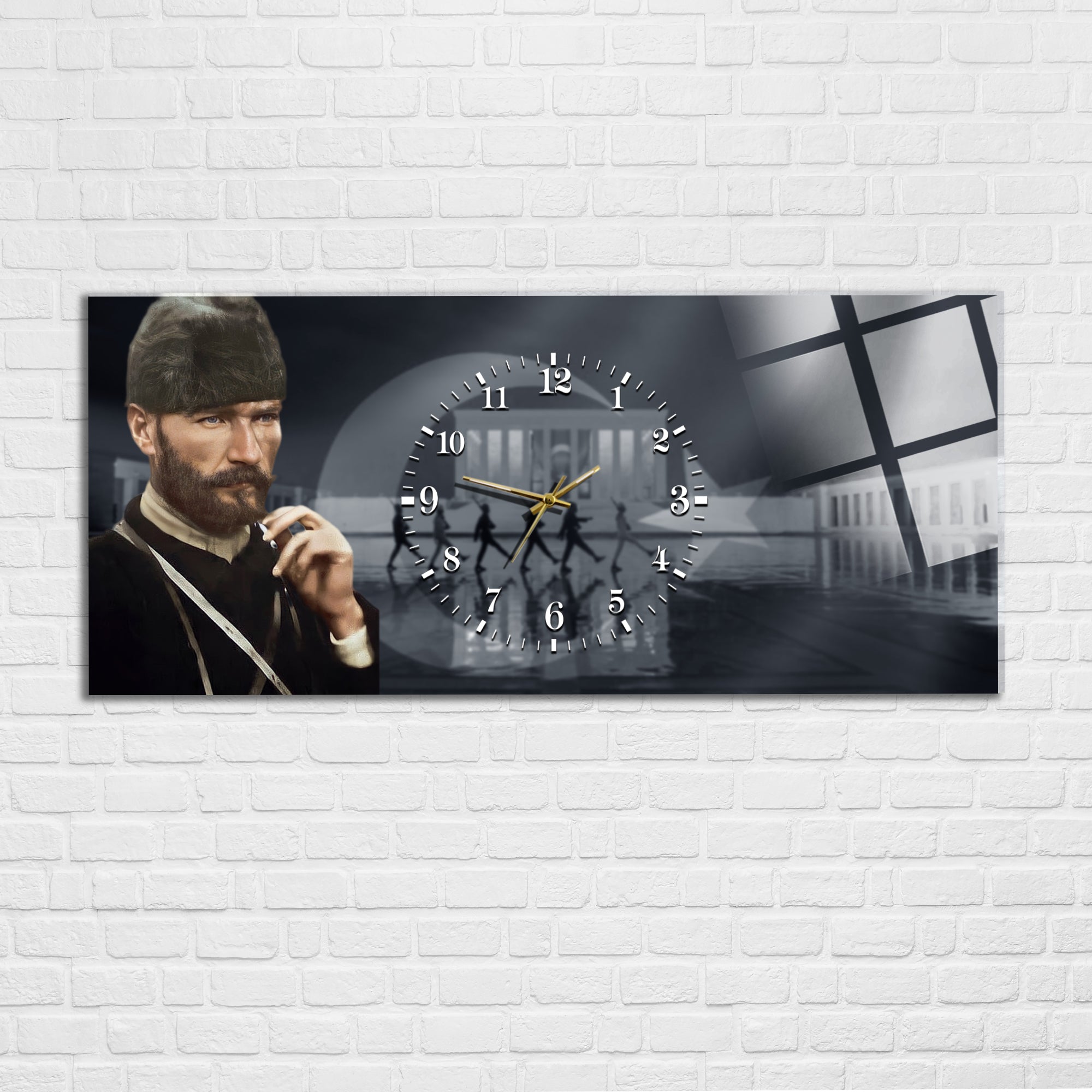 Temperli Cam Saat –Atatürk Portresi  Tasarım, Premium UV Baskı Duvar Saati