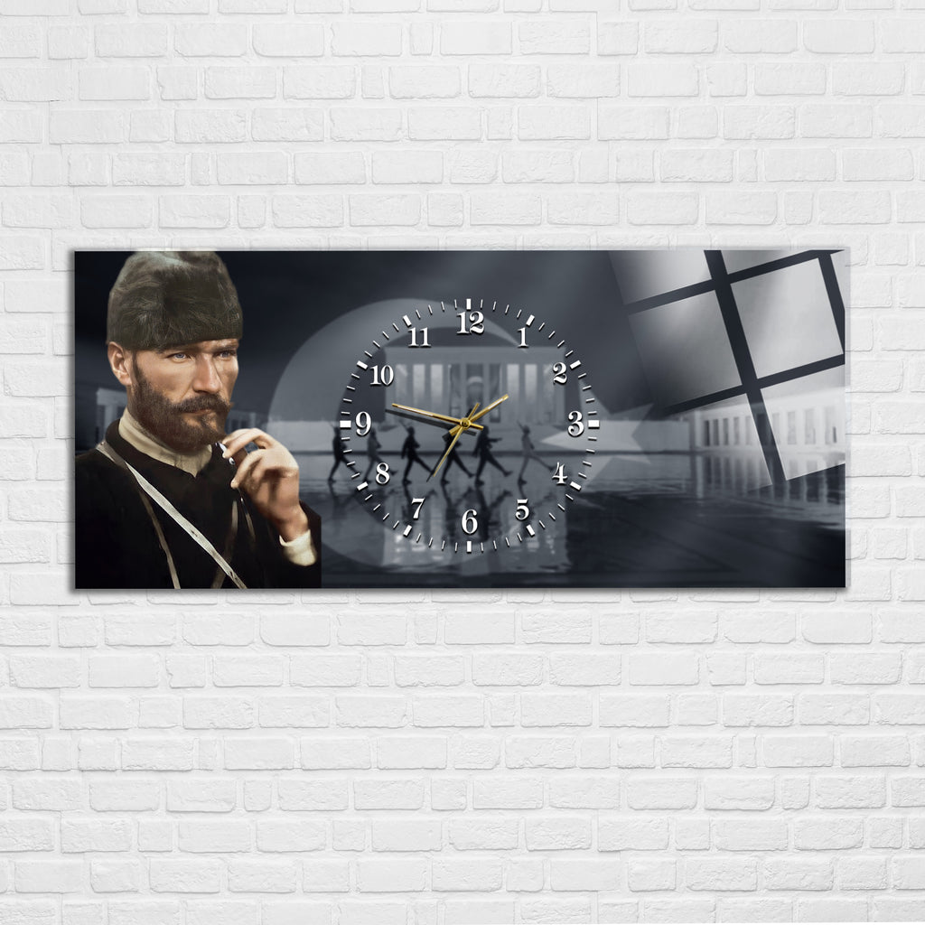 Temperli Cam Saat –Atatürk Portresi  Tasarım, Premium UV Baskı Duvar Saati
