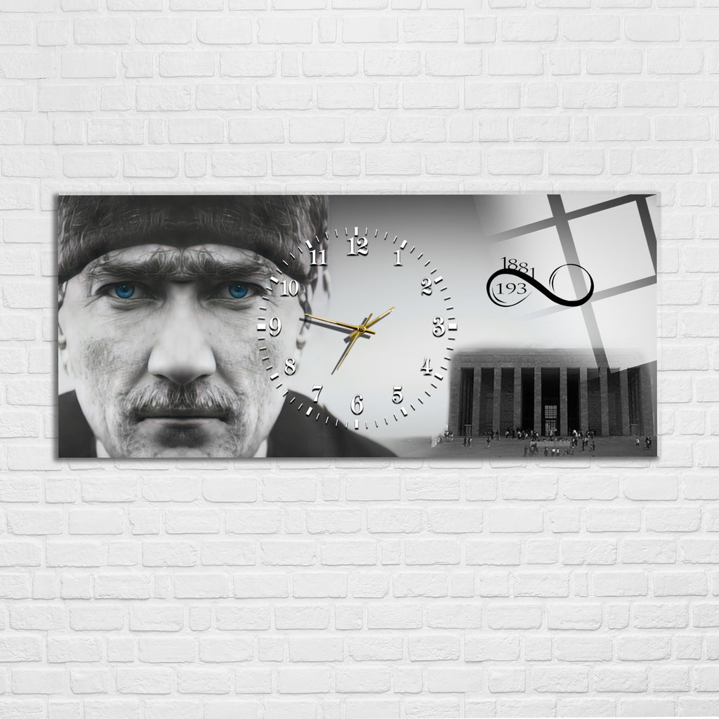 Temperli Cam Saat –Atatürk Portresi  Tasarım, Premium UV Baskı Duvar Saatİ