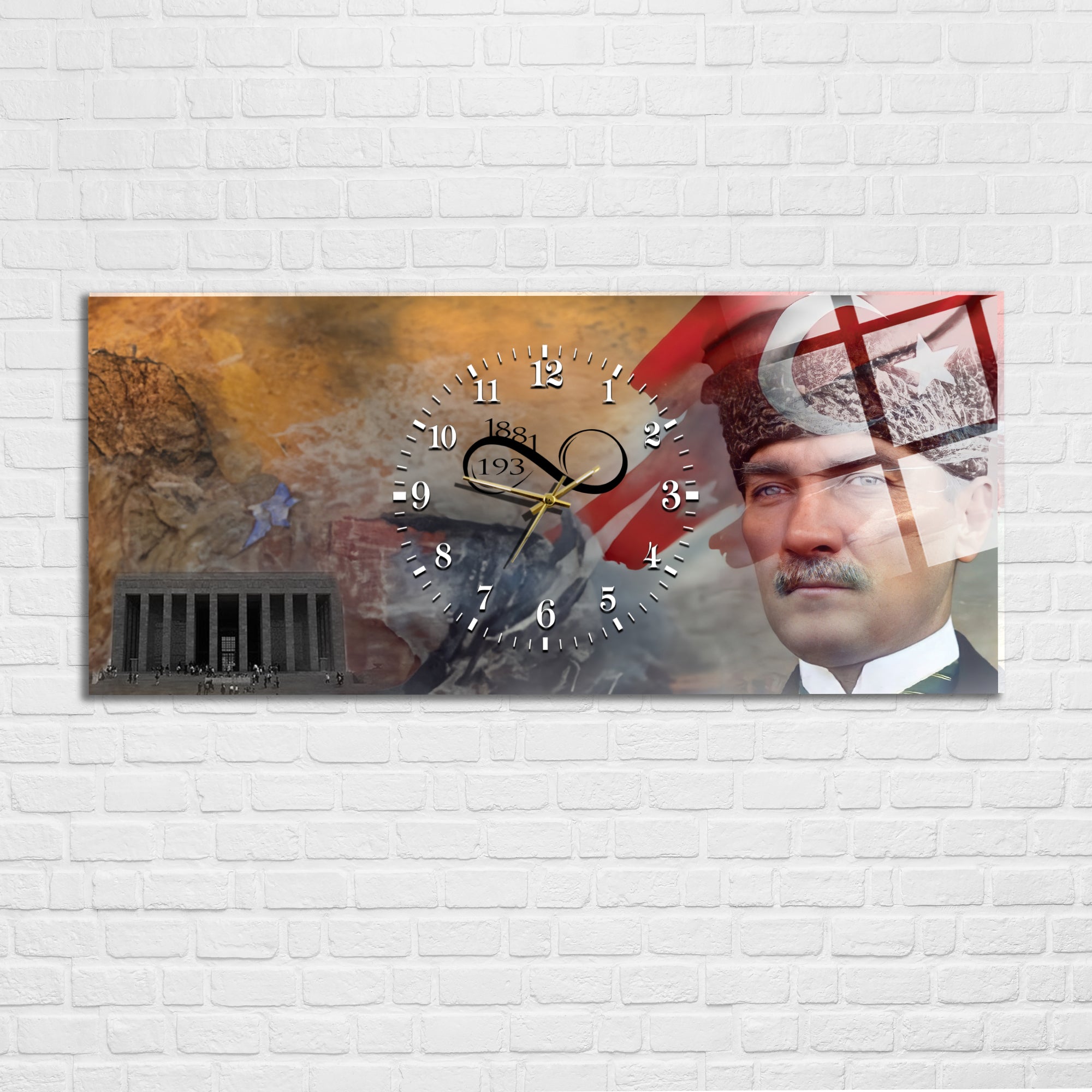 Temperli Cam Saat –Atatürk Portresi  Tasarım, Premium UV Baskı Duvar Saati