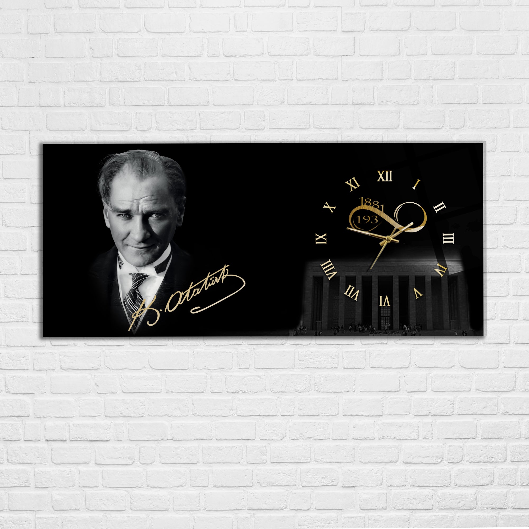 Temperli Cam Saat –Atatürk Portresi  Tasarım, Premium UV Baskı Duvar Saati
