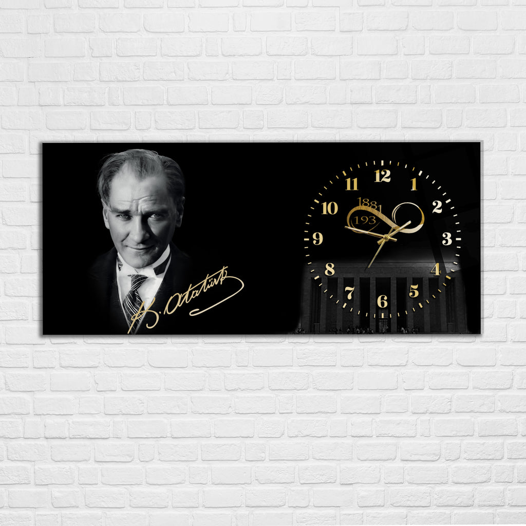 Temperli Cam Saat –Atatürk Portresi  Tasarım, Premium UV Baskı Duvar Saati