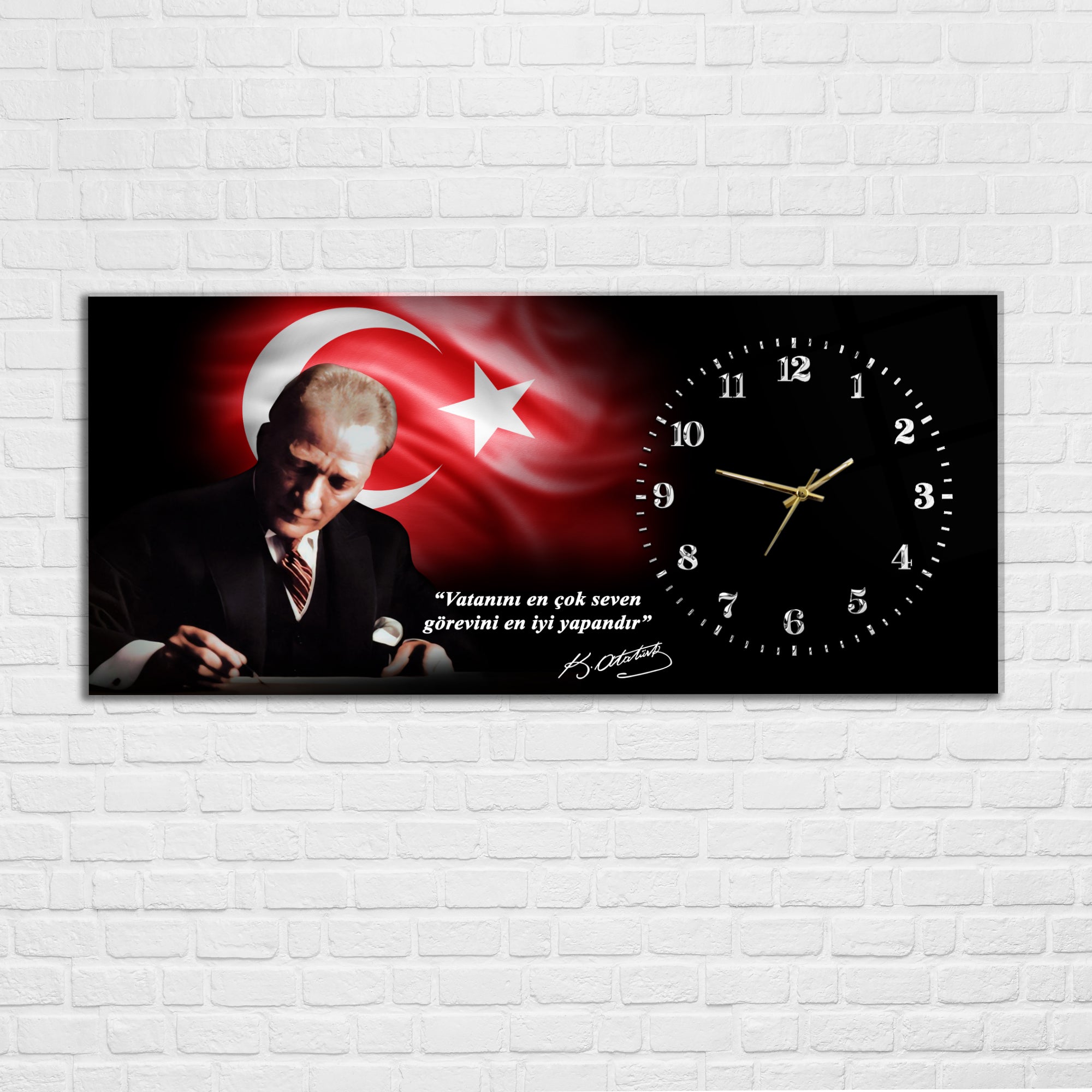 Temperli Cam Saat –Atatürk Portresi  Tasarım, Premium UV Baskı Duvar Saati