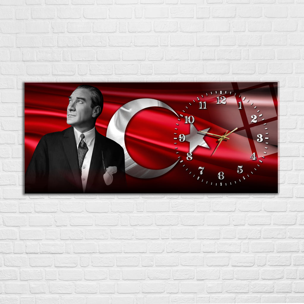 Temperli Cam Saat –Atatürk Portresi  Tasarım, Premium UV Baskı Duvar Saatİ